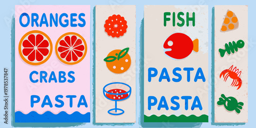 Colorful illustrated panels displaying food and sea life items