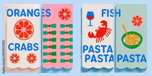 Colorful boxes display oranges fish crabs and pasta with playful designs