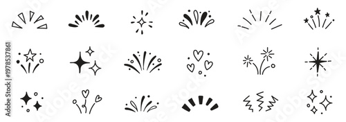 Liner icon ray  confetti element set. Starburst line art with hand drawn glitter spark  pop icon shapes and surprise emphasis elements. Decorative sketch style for a sunshine ray vector illustration