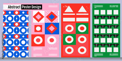 Colorful abstract geometric poster design with repeating shapes and patterns