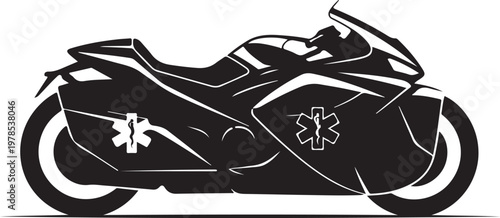 Emergency medical services motorcycle, ambulance bike, black vector, medical transport, rescue vehicle