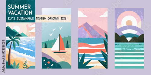 Colorful summer vacation themed bookmarks with abstract landscape designs
