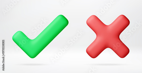 3D Green check mark and red cross mark. 3d glossy icons for voting, decision making and survey. Yes and no signs isolated on white. UI and UX element for web design interface. Vector illustration