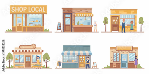 Colorful illustration depicting a row of charming small local businesses