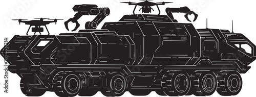 Futuristic tank, military vehicle, sci-fi illustration, black silhouette