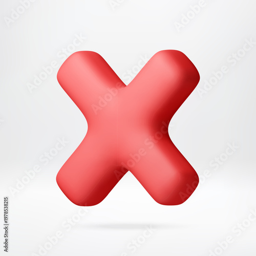 Red 3d cross mark symbol. Floating volumetric icon for negative feedback or cancel action. Digital notification element for interface design and web error alert application. Vector illustration