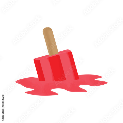 Melting Red Strawberry Popsicle Illustration on White Background, Summer Heat Concept
