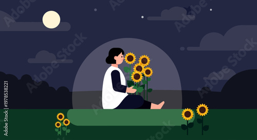 International woman holds Sunflower bouquet under nighttime sky