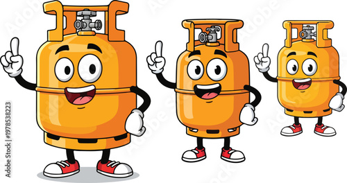 Cartoon gas cylinder mascot characters, orange propane tank vector set, friendly fuel container illustrations for energy and heating services