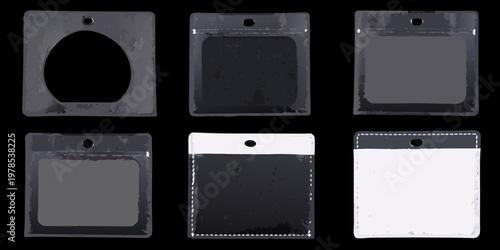 Six plastic id card holders arranged on a black background