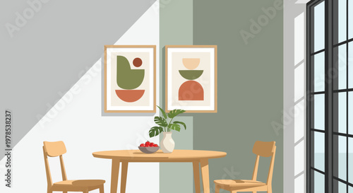 A minimalist dining area features two abstract framed art pieces and a small potted plant