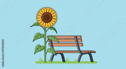 International Sunflower Blooms Near Park Bench Outdoors
