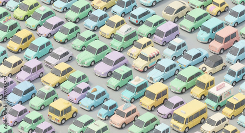 A large group of colorful toy cars parked closely together.