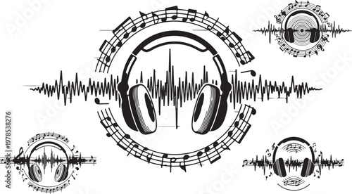 Vintage music headphones with sound wave and musical notes, black and white audio equipment vector set, podcast and dj studio logo elements