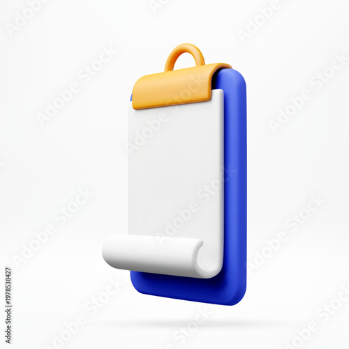 3D Clipboard with white paper sheet. Office stationery for document management. Task list and checklist concept for business organization and productivity planning. Vector illustration