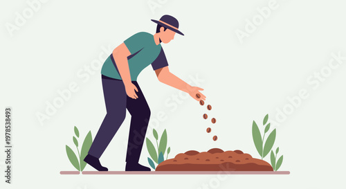 Man planting International Sunflower seeds in garden soil outdoors