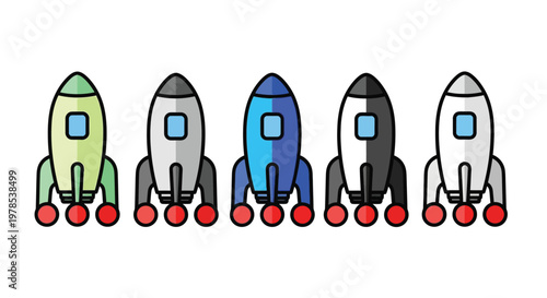 A colorful row of five cartoon rockets each with distinct coloring and red boosters