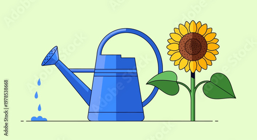 International gardeners nurture Sunflower with blue watering can