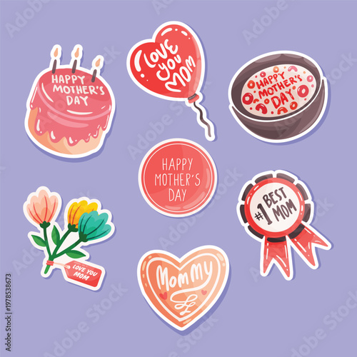 A collection of colorful stickers celebrating mother s day and love
