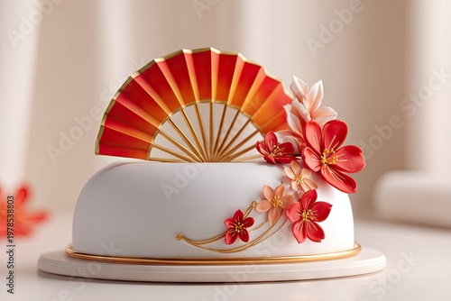 Elegant cake decorated with flowers and a fan for celebratory occasions