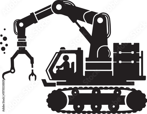Heavy duty excavator, industrial machine, construction equipment, black silhouette icon