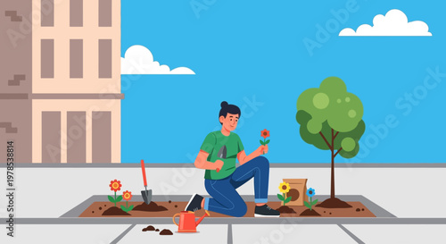 Man planting International Sunflower in city square with tools