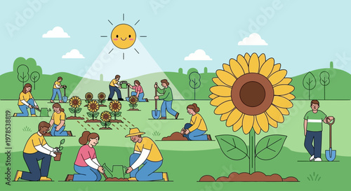 International volunteers plant Sunflower in a garden on a sunny day