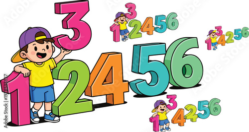 Cartoon boy with colorful numbers 1 to 6, educational math vector illustration for children, preschool learning concept with cute character