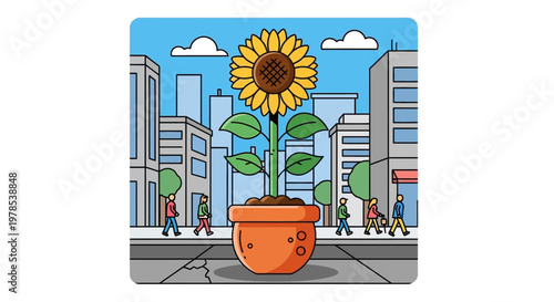 International tourists admire a large Sunflower in city