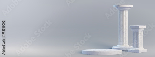 White marble podiums, 3d classic Greek column stands or Roman pillars and round base, realistic vector illustration. Classic museum background for product display, exhibition and presentation
