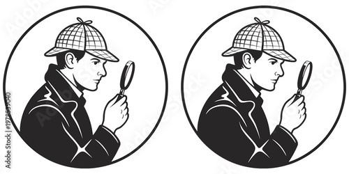Detective silhouettes, magnifying glass, deerstalker hat, trench coat mystery artwork design concept, crime investigation symbol flat vector illustration
