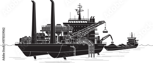 Industrial cargo ship, tanker vessel, maritime transport, black and white illustration, vector graphic