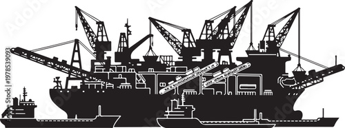 Industrial cargo ship, harbor cranes, dock silhouette, black and white vector, shipping port