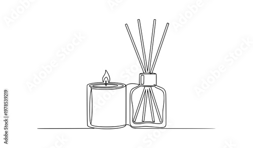 Minimal line art of reed diffuser and scented candle in glass containers, simple home fragrance illustration in outline vector style isolated on light background