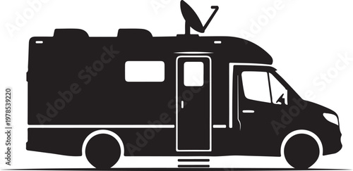Black camper van, motorhome silhouette, RV icon, travel trailer