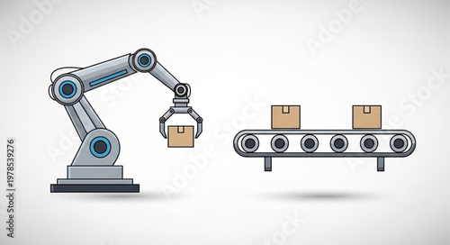 Robotic arm and conveyor belt with boxes in a factory setting.