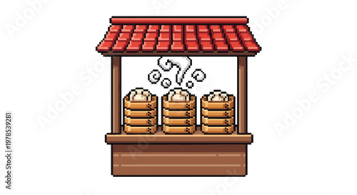 A charming pixel art illustration of a traditional street food stall featuring steaming dim sum baskets under a classic red tiled roof.