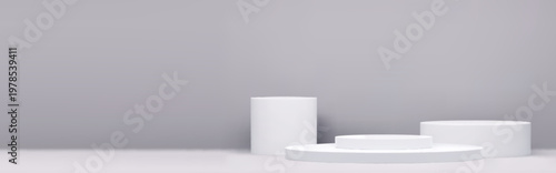White 3D modern podium platform for product display with minimalist studio background and soft shadow. Realistic vector mockup, abstract round stairs stand for presentation backdrop, geometric steps