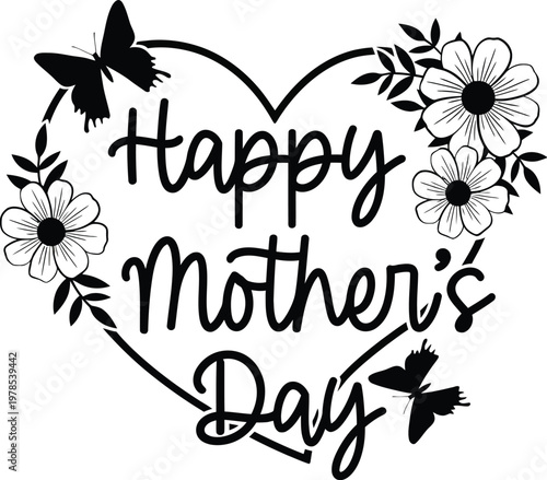 Title happy mother's day floral heart illustration with butterflies description a black and white illustration