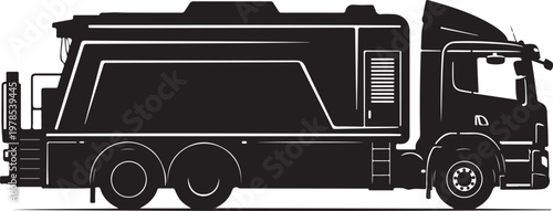 Black garbage truck, waste management vehicle, sanitation truck, vector illustration