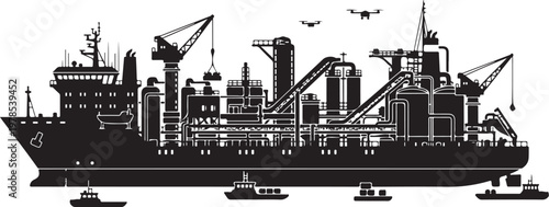 Industrial cargo ship, container vessel, harbor silhouette, industrial port