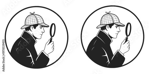 Detective silhouette illustration, investigation magnifying glass artwork, mystery observation design concept scene, classic detective profile representation, flat vector illustration