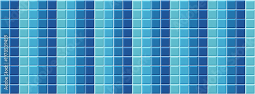 Swimming pool ceramic tile, horizontal seamless pattern for bathroom, kitchen, toilet. Bright blue and teal small square mosaic for wall, floor, backsplash, interior surface, vector illustration