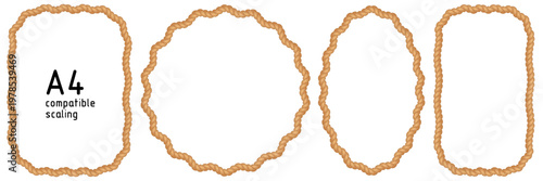 Rope frames. Set of string braid borders made of brush. Rectangular, A4 compatible, round, oval shapes for decorative marine, western designs. Vector illustration isolated on white background.