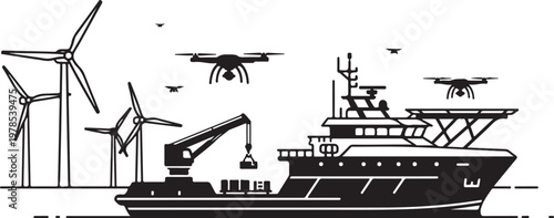 Industrial ship, offshore wind turbines, drone illustration, black and white vector, maritime, renewable energy