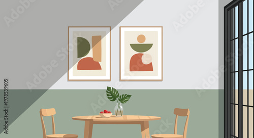 A minimalist dining room features abstract art a wooden table and a gentle color palette