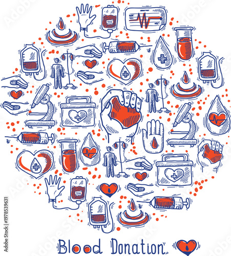 Blood donation doodle icons set for medical charity health vector