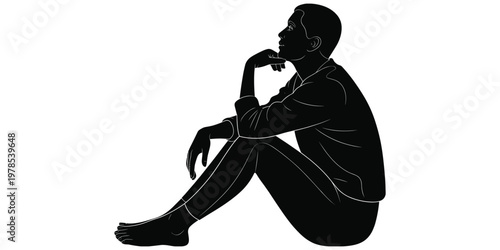 Seated person silhouette, thoughtful posture, contemplative figure artwork design concept, introspection and reflection symbol flat vector illustration