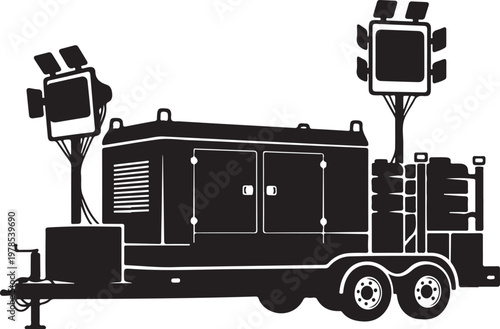 Mobile lighting truck, generator trailer, spotlights on wheels, black and white vehicle