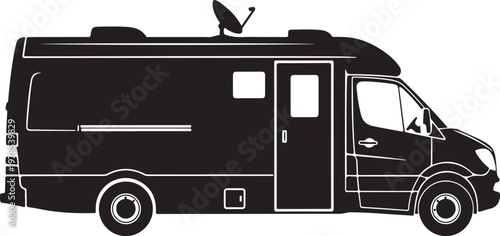 Black camper van, motorhome silhouette, RV icon, travel trailer
